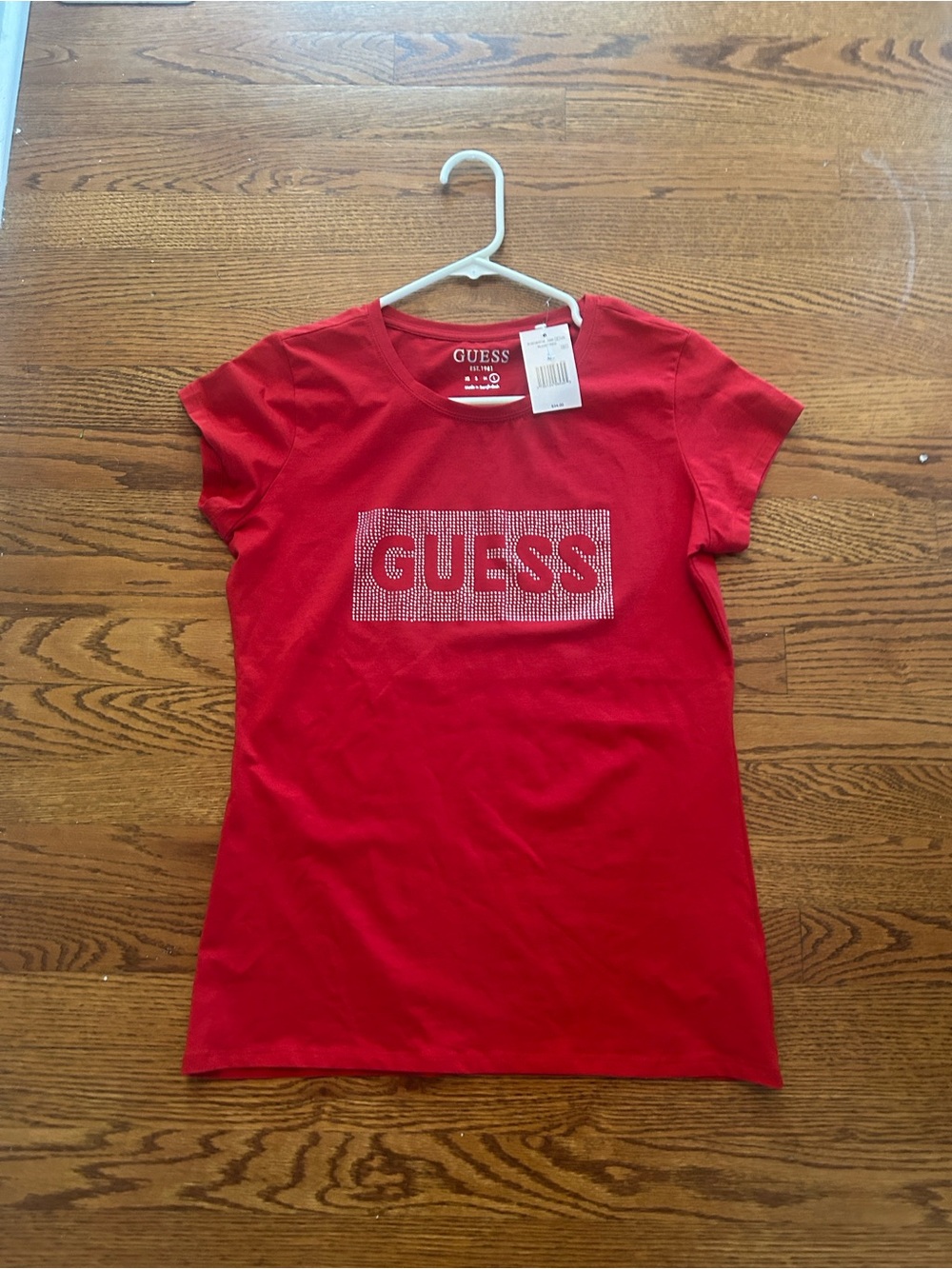 GUESS Red Tee with Rhinestone Logo Accent